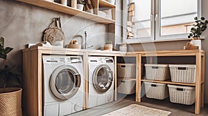 Interior of a real laundry room with a washing machine at the window at home. Generative Ai