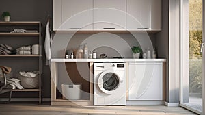 Interior of a real laundry room with a washing machine at the window at home. Generative AI