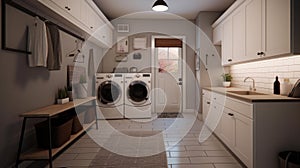 Interior of a real laundry room with a washing machine at the window at home