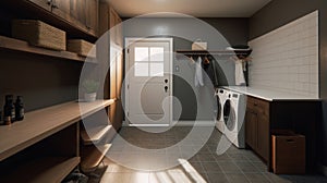 Interior of a real laundry room with a washing machine at the window at home