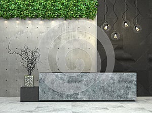 Interior with a reception desk in the loft style. 3d visualization.