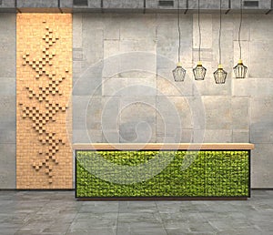 Interior with a reception desk with moss in the loft style. Decorative panels on the wall of the square wooden bars. 3d visualiza