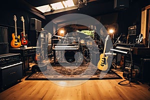 Interior of a recording studio with electric guitar sound equipment, Indoor recording studio with guitars amps and pianos, AI