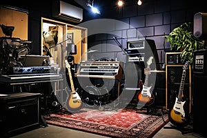 Interior of a recording studio with electric guitars other instruments, Indoor recording studio with guitars amps and pianos,