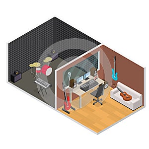 Interior Recording Studio Isometric View. Vector
