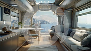 The interior of the recreational vehicle features a minimal design, blending functionality with modern elegance . AI Generate photo
