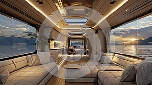 The interior of the recreational vehicle features a minimal design, blending functionality with modern elegance. AI Generate photo
