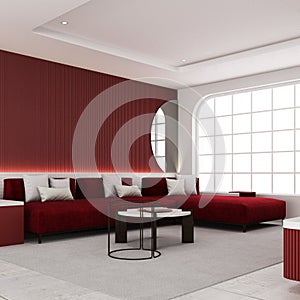 Interior of red color living room with red velvet fabric furniture