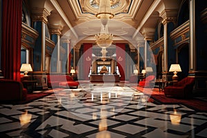 The interior of the red hall of a luxurious spacious hotel