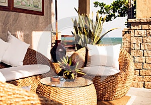 Interior of relax place with sea view outdoors