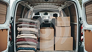 Interior of removal van with stacked fabric blankets and cardboard boxe. Concept Moving Day, photo