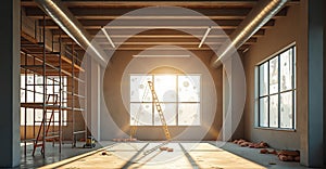 Interior Renovation in Progress with Ladders and Construction Materials