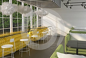 The interior of the restaurant hall with huge corn cobs instead of tables. Modern creative unexpected interior design. 3D