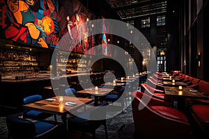 Interior of a restaurant with red chairs, tables and ceiling lights, night club in the heart of the city, with plush leather