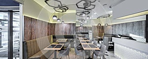 Interior of restaurant. Wooden design. Modern style.