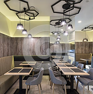 Interior of restaurant. Wooden design. Modern style.