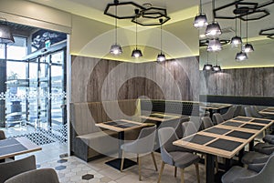 Interior of restaurant. Wooden design. Modern style.