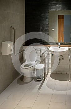 Interior of restroom for elderly senior people with lavatory toilet bowl and handrail