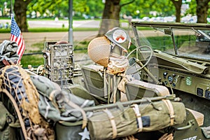 Interior of retro Jeep Willis from American Vietnam war or World War 2