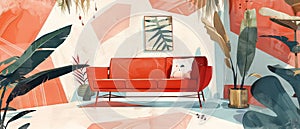 Interior of a retro living room in Scandinavian hygge style with red sofa, armchair, wall pictures and green houseplants