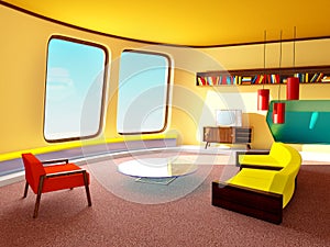 Interior retrofuturism living room
