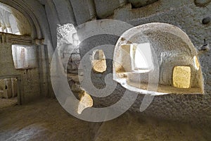 Interior of a rock-hewn church in the red valley