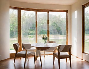 Interior roller blinds are along with large automatic solar shades on the The contemporary interior includes a wooden decorative
