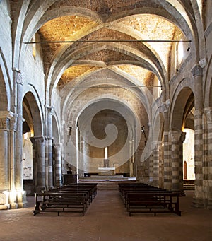 Interior of romanesque cathedral of Sovana in vertical composition