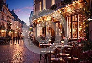 interior of a romantic cozy cafe in an old style with evening lighting, a piano, a fireplace and a view of the night city street,