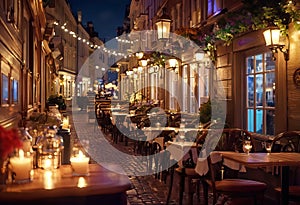 interior of a romantic cozy cafe in an old style with evening lighting, a piano, a fireplace and a view of the night city street,