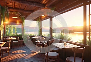 interior of a romantic cozy cafe on the terrace against the backdrop of nature, evening sunset, outdoor recreation,