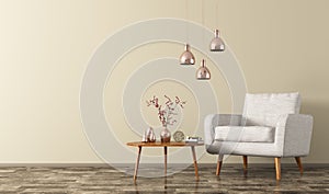 Interior of room with armchair, lamps and coffee table 3d render