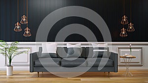 BLACK modern room interior, White sofa and on wood floor with black solid wood wall , 3d render