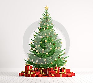 Interior of a room with christmas tree over white wall 3d render