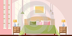 Interior room concept background. Bedroom interior with a bed, nightstands, lamps, picture and large windows with lights of a sun