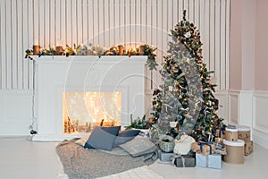 Interior of the room decorated for Christmas eve