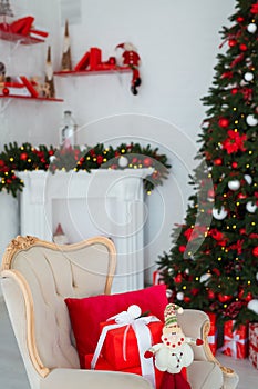 Interior room decorated in Christmas style. No people. Home comfort of modern house. Xmas tree and fireplace