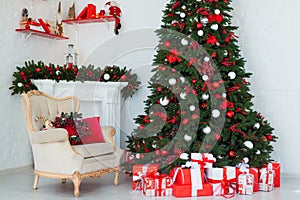 Interior room decorated in Christmas style. No people. Home comfort of modern house. Xmas tree and fireplace