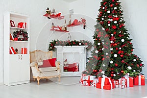 Interior room decorated in Christmas style. No people. Home comfort of modern house. Xmas tree and fireplace