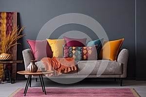 interior room design carpet grey living sofa color mock up stylish light concrete lamp. Generative AI.