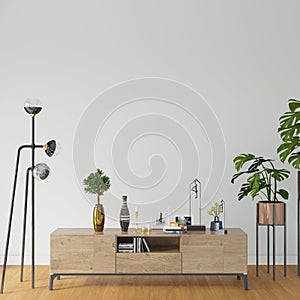 Interior room design with dresser and plants wall mockup
