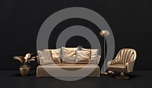 The interior of the room in golden metalic style furnitures and room accessories. Dark background with copy space. 3D rendering