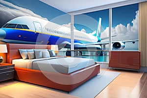 interior of a room with a large image of an aircraft, generated Ai