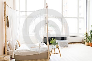 Interior room made in white and beige colors in the style of boho