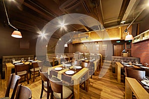 Interior of room in restaurant with wooden