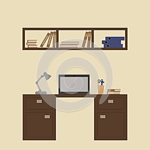 The interior of the room with a table, computer, desk lamp, bookshelf and books. Flat design.