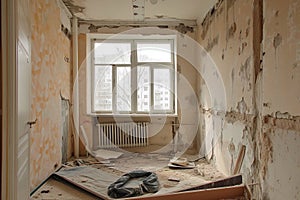 The interior of the room under repair with plaster walls,