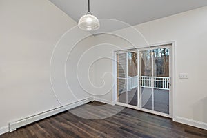 Interior of a room with white walls, a parquet floor, hanging lamp and a patio sliding door