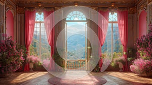 Interior of the room with a window overlooking the mountains. 3D rendering