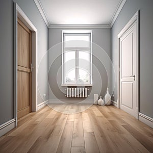 Interior of a room with wooden floor and white walls. 3d render style. wase, baseboard, molding, and panelling.